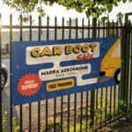 10ft x 3ft PVC Banner: Printed car boot sale banner on railings
