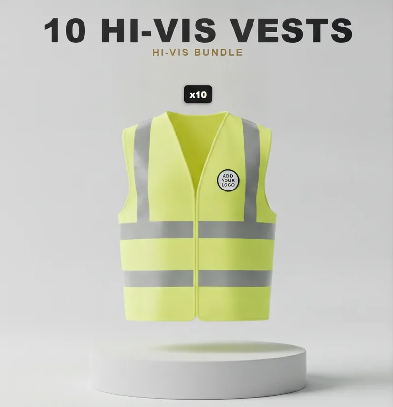 10 branded hi-vis vests: the garments in the kit, each with a logo