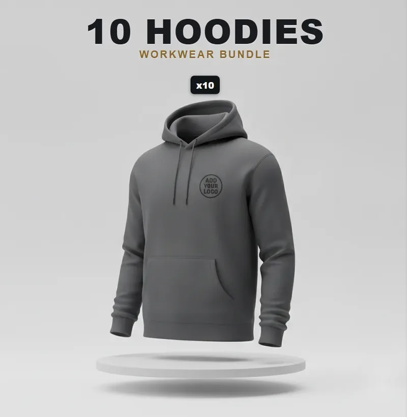 10 branded hoodies: the garments in the kit, each with a logo