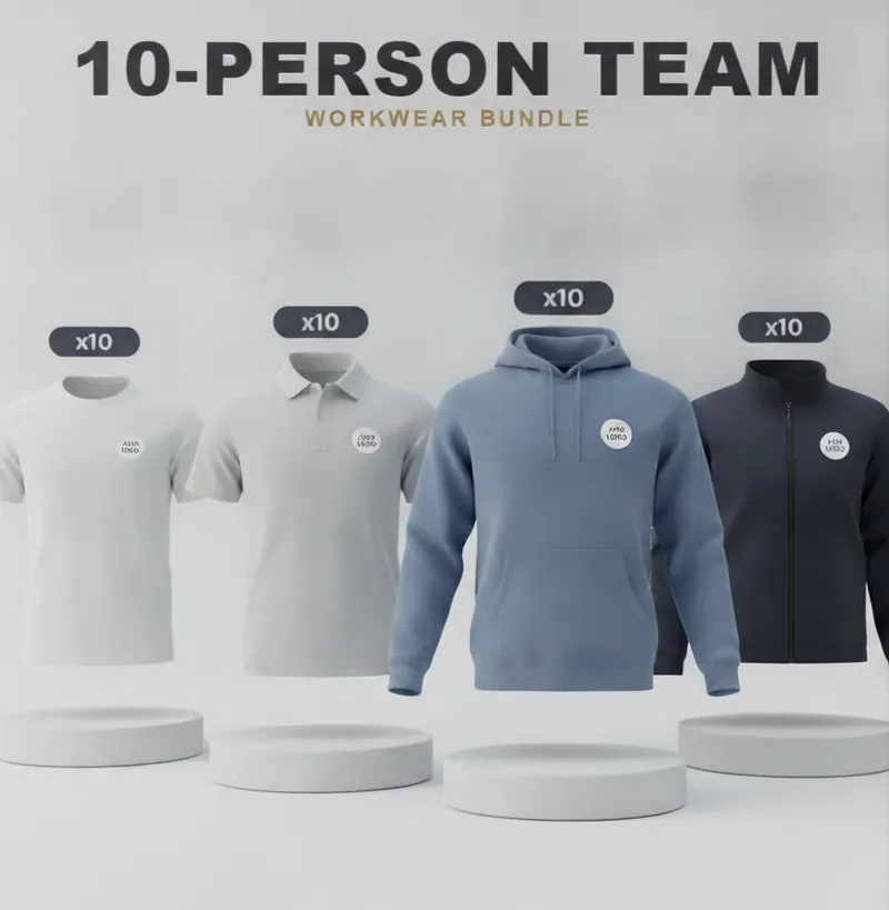 10-person team kit: the garments in the kit, each with a logo