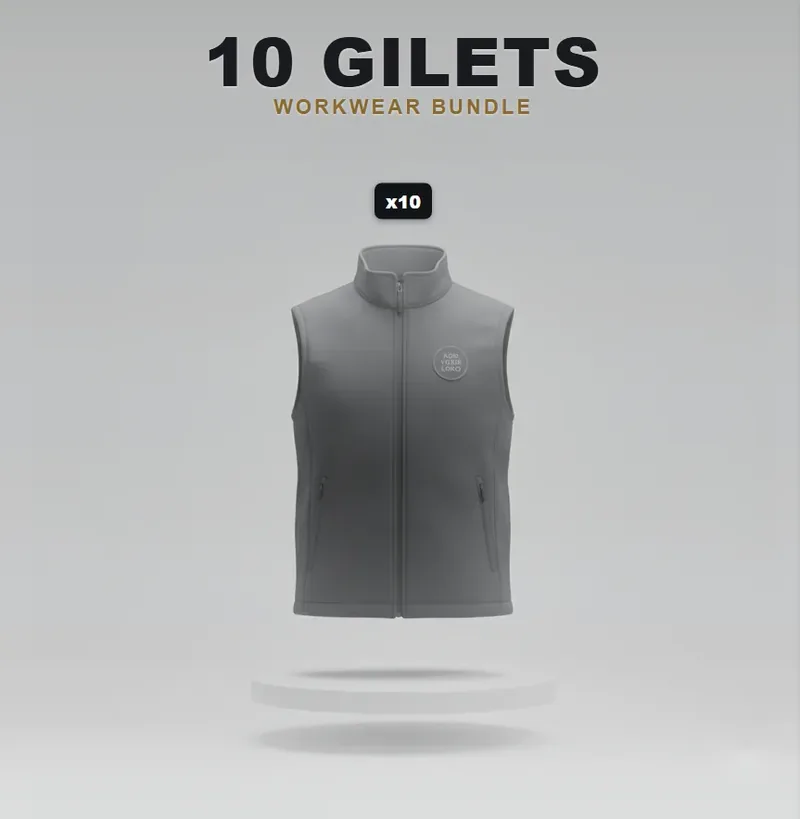 10 branded softshell jackets or gilets: the garments in the kit, each with a logo