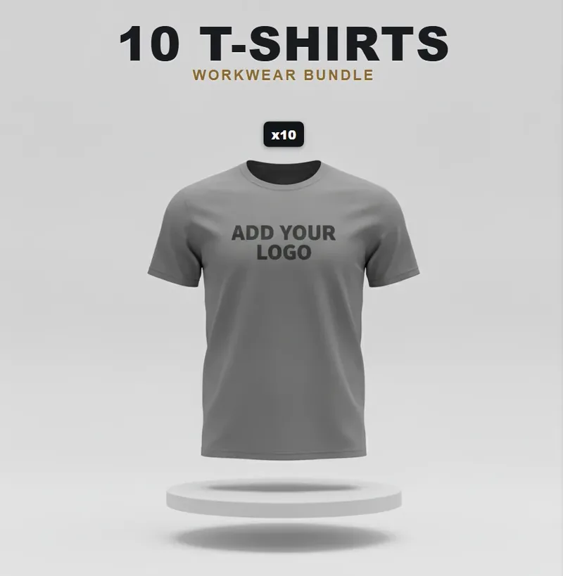 10 branded T-shirts or polos: the garments in the kit, each with a logo