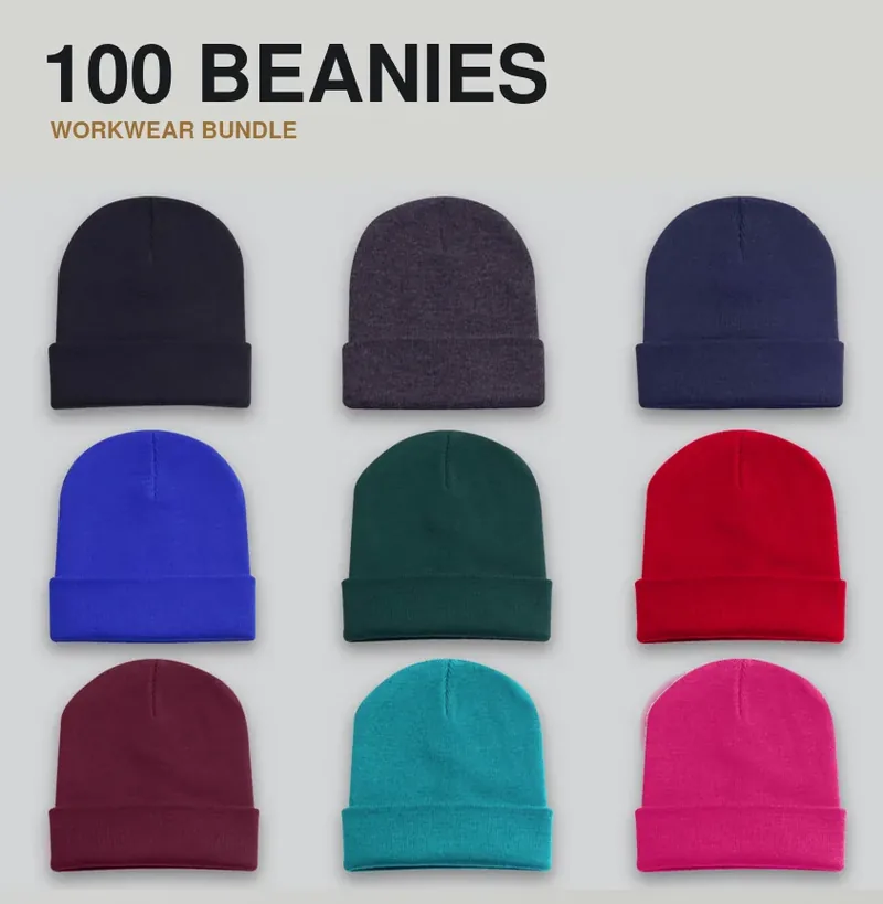 100 branded beanies: the garments in the kit, each with a logo