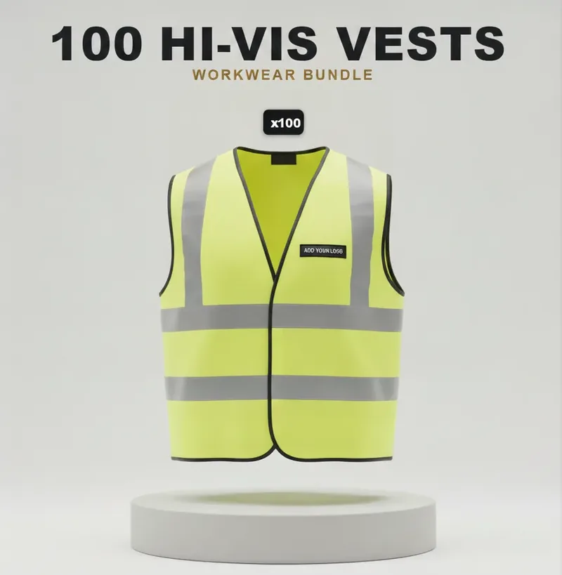 100 branded hi-vis vests: the garments in the kit, each with a logo