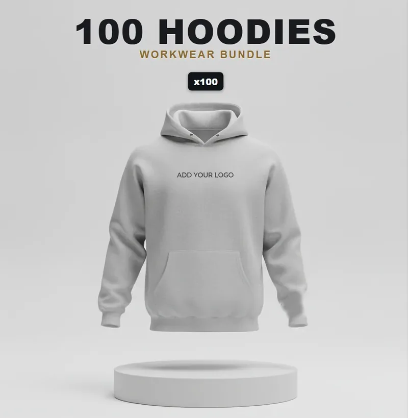 100 branded hoodies: the garments in the kit, each with a logo