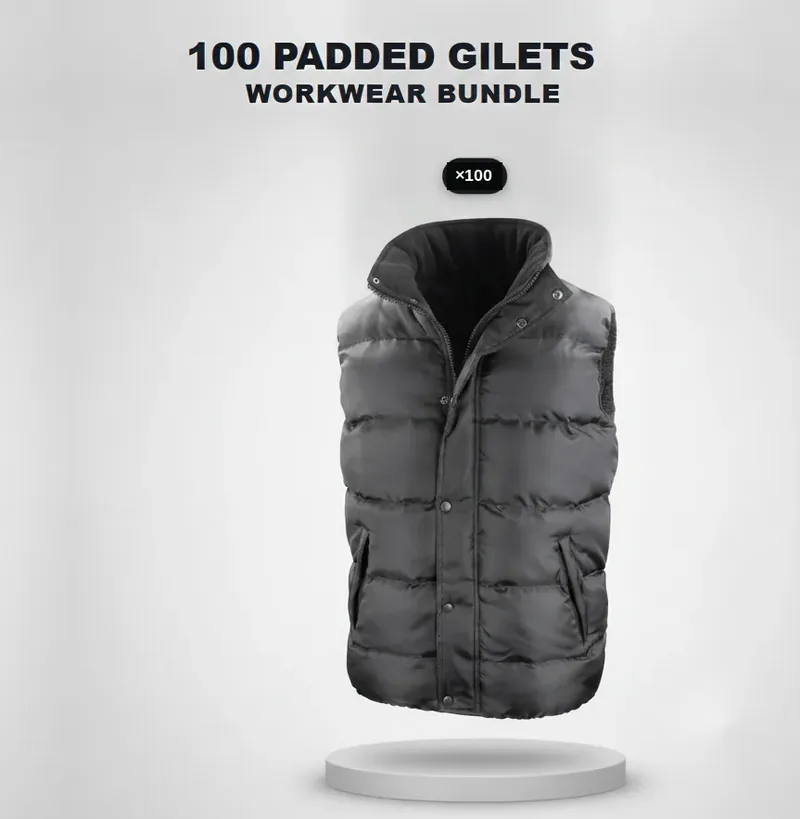 100 branded padded gilets: the garments in the kit, each with a logo