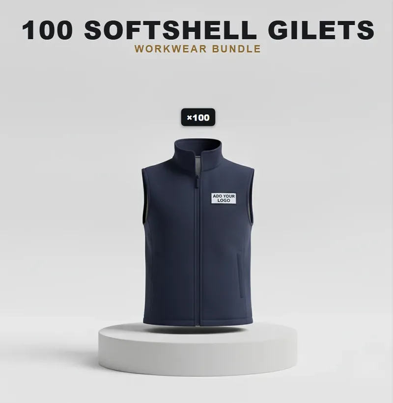 100 branded softshell jackets or gilets with a logo on each garment