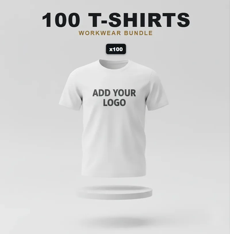 100 branded T-shirts or polos: the garments in the kit, each with a logo