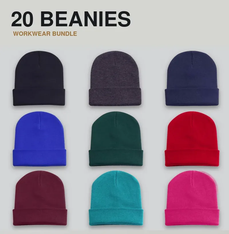 20 branded beanies: the garments in the kit, each with a logo