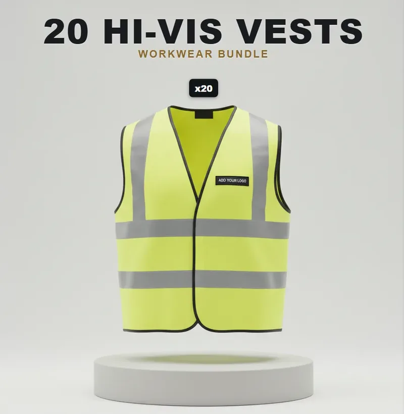 20 branded hi-vis vests: the garments in the kit, each with a logo