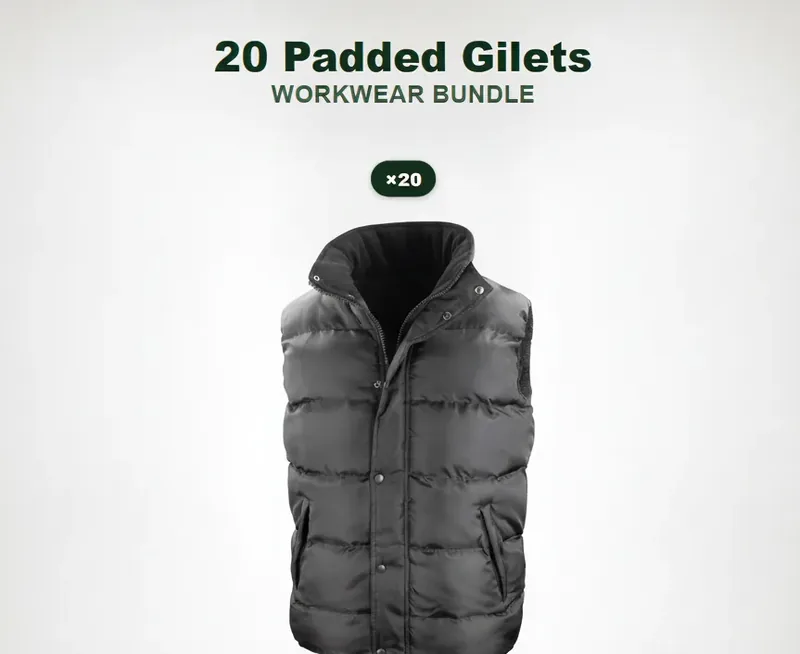 20 branded padded gilets with a logo on each garment