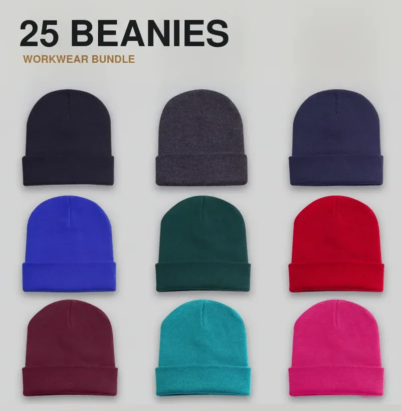 25 branded beanies: the garments in the kit, each with a logo