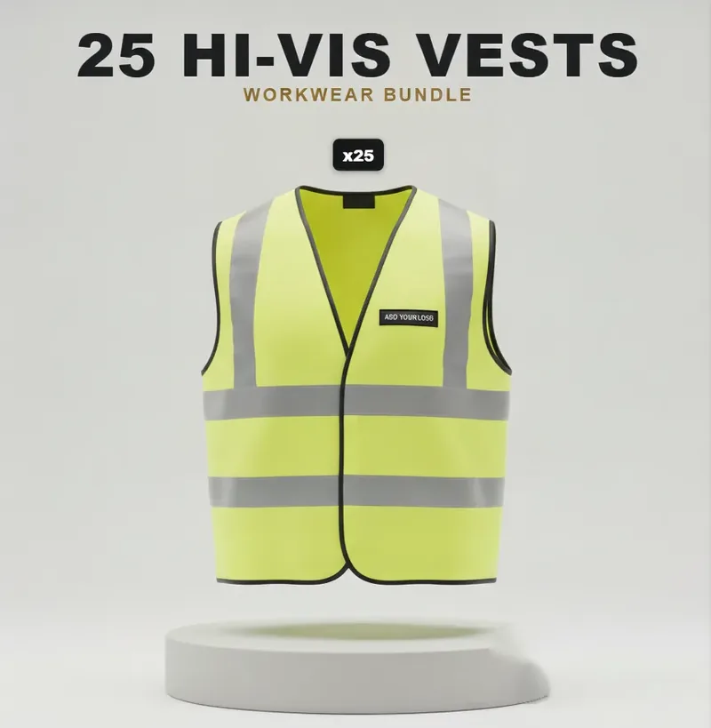25 branded hi-vis vests: the garments in the kit, each with a logo