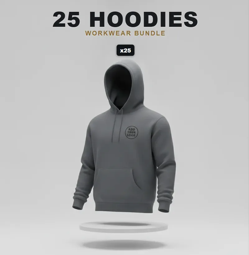 25 branded hoodies: the garments in the kit, each with a logo