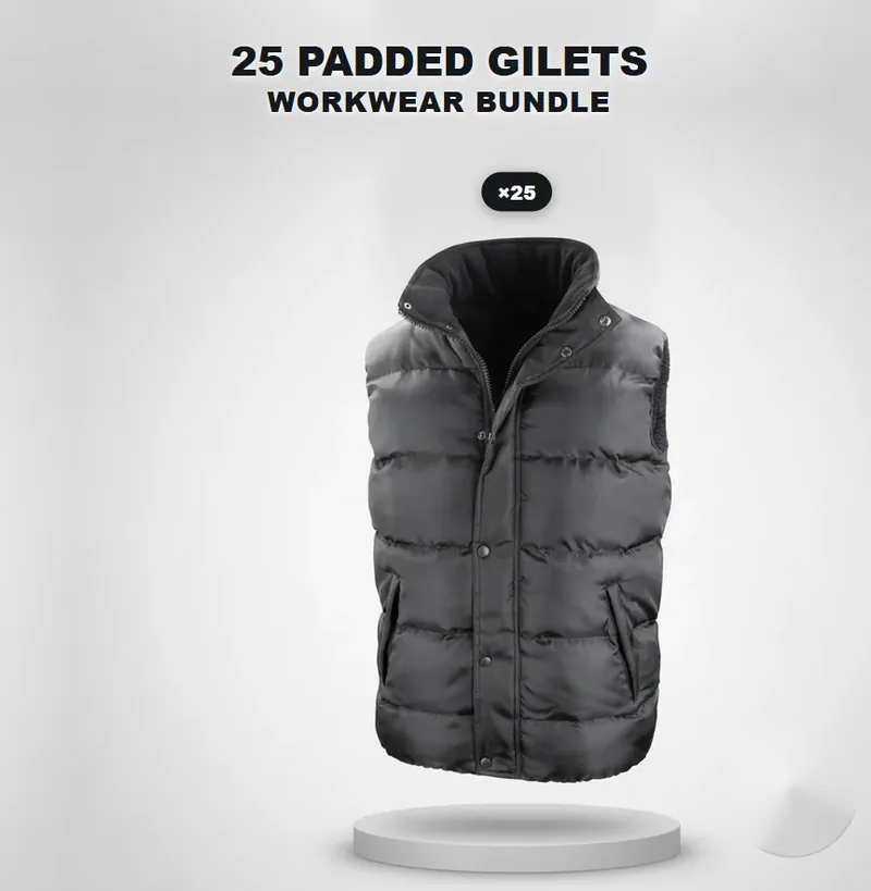 25 branded padded gilets: the garments in the kit, each with a logo
