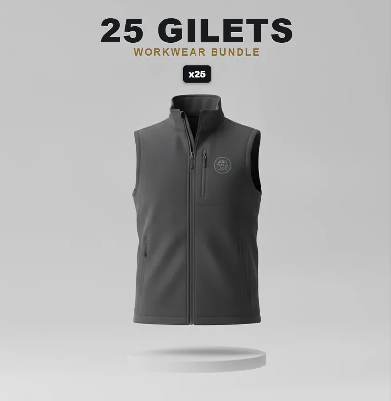 25 branded softshell jackets or gilets: the garments in the kit, each with a logo