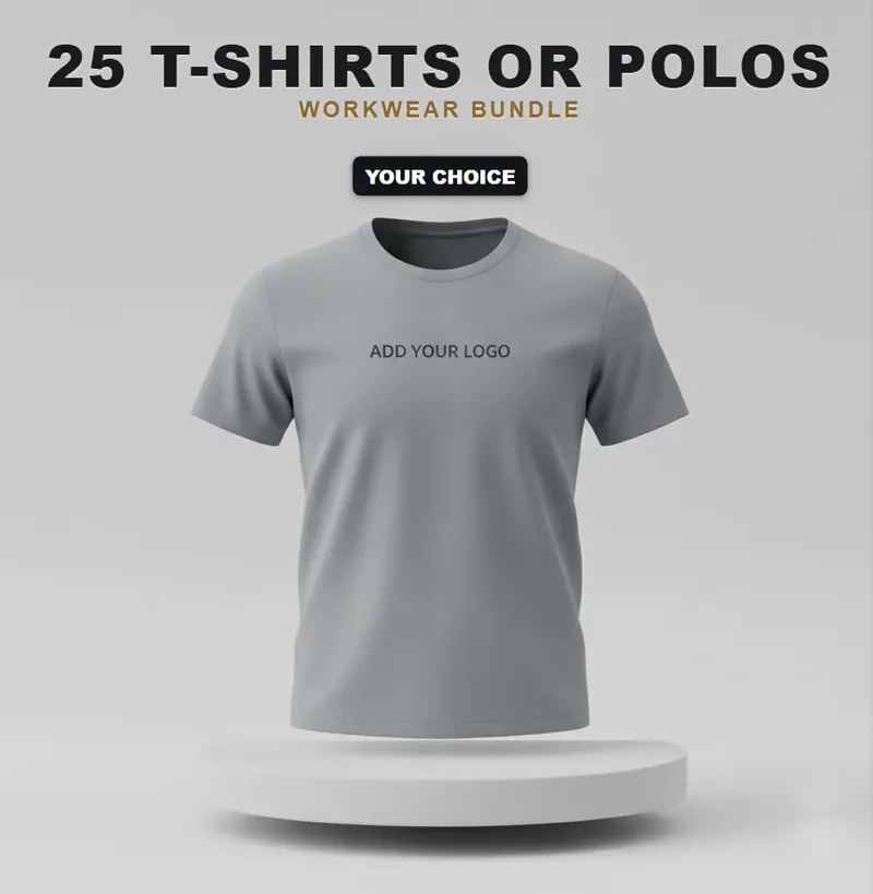 25 branded T-shirts or polos: the garments in the kit, each with a logo