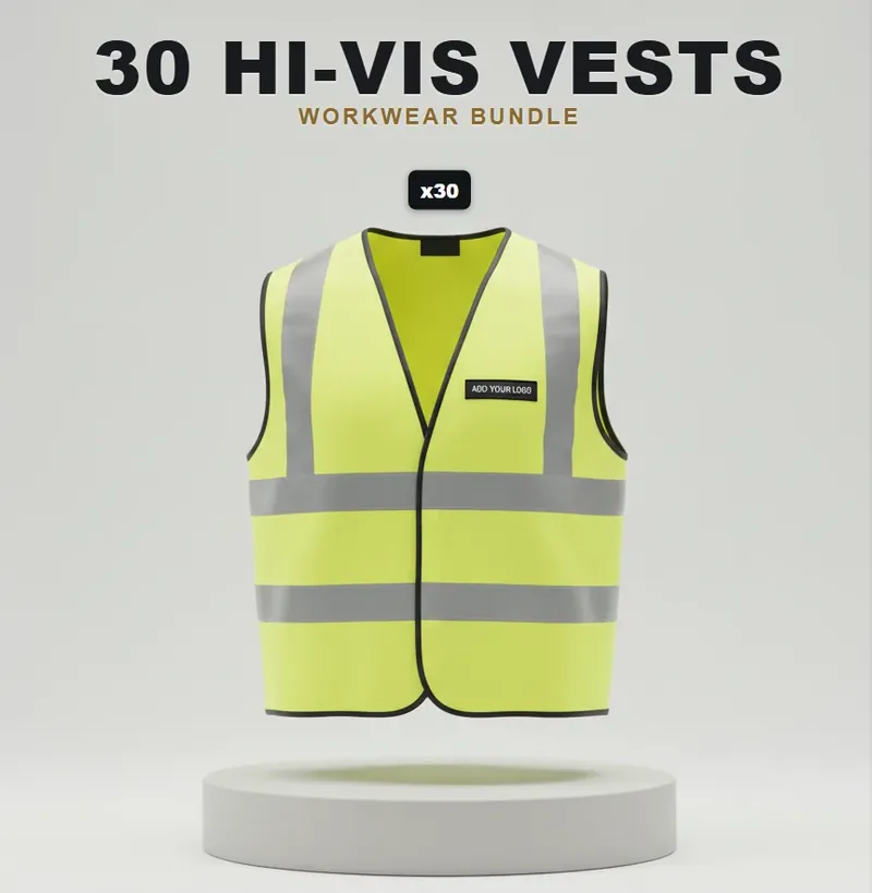 30 branded hi-vis vests: the garments in the kit, each with a logo