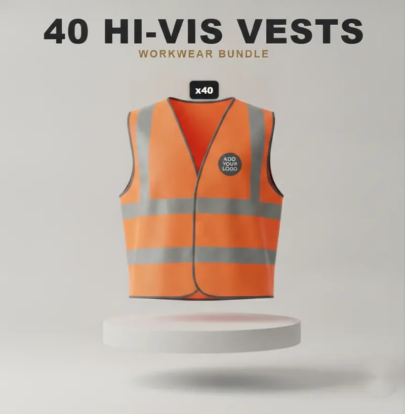 40 branded hi-vis vests: the garments in the kit, each with a logo
