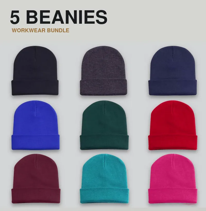 5 branded beanies: the garments in the kit, each with a logo