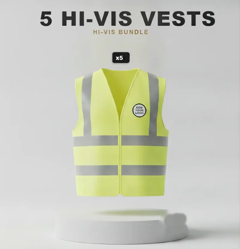 5 branded hi-vis vests: the garments in the kit, each with a logo