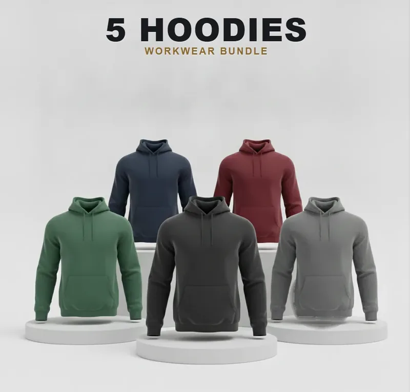 5 branded hoodies: the garments in the kit, each with a logo