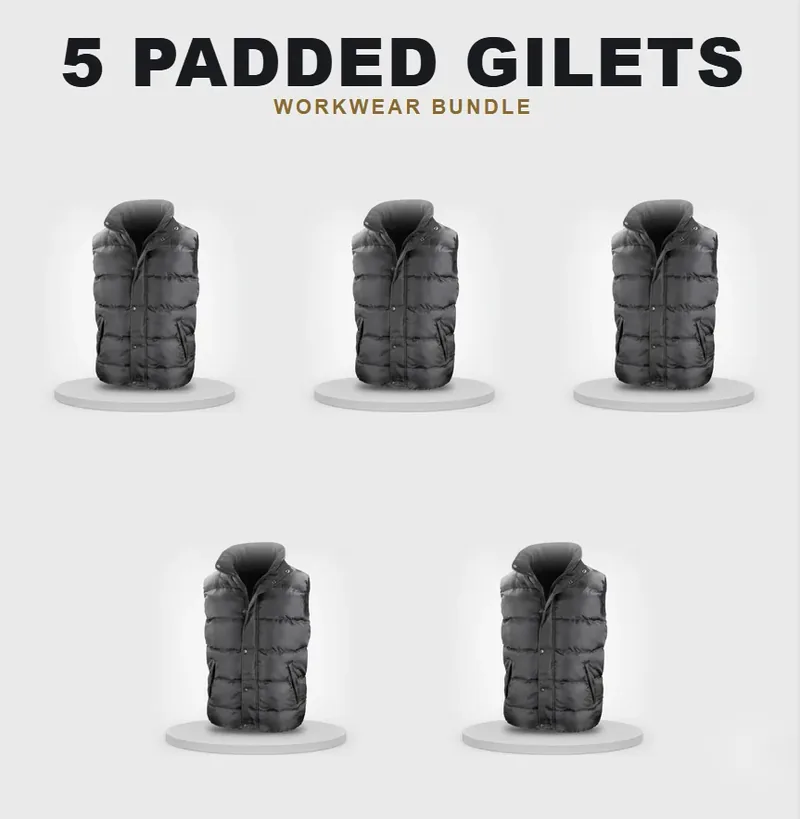 5 branded padded gilets: the garments in the kit, each with a logo