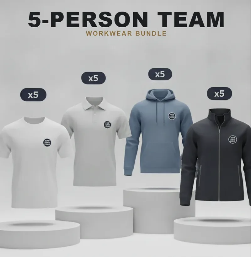 5-person team kit: the garments in the kit, each with a logo
