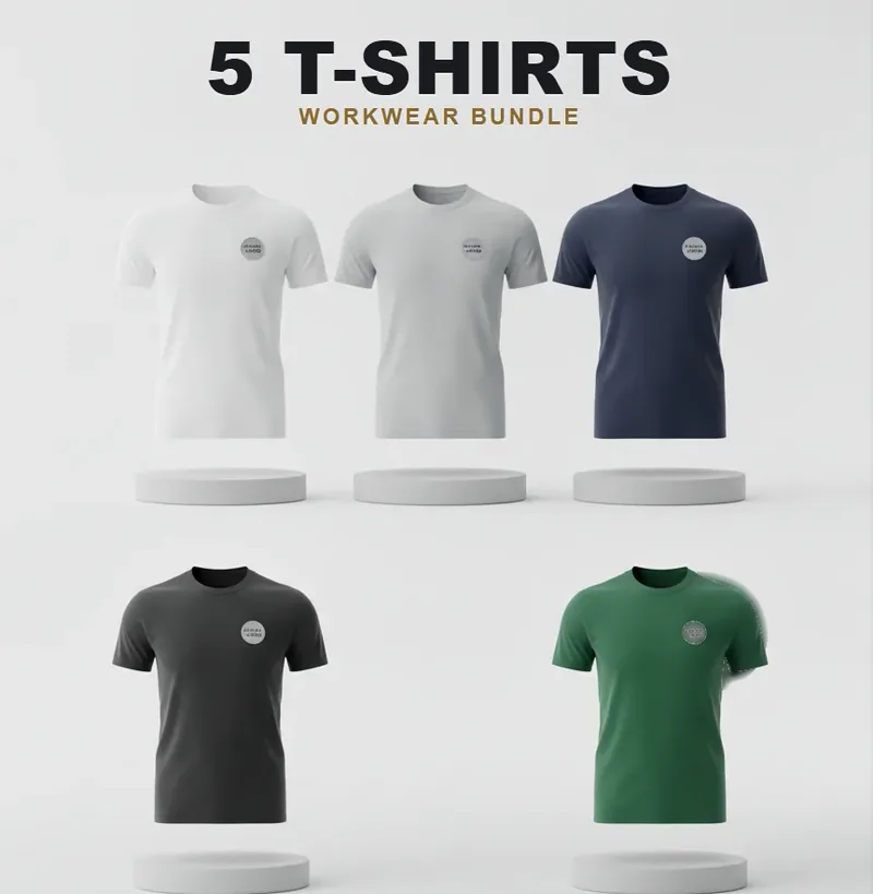 5 branded T-shirts: the garments in the kit, each with a logo