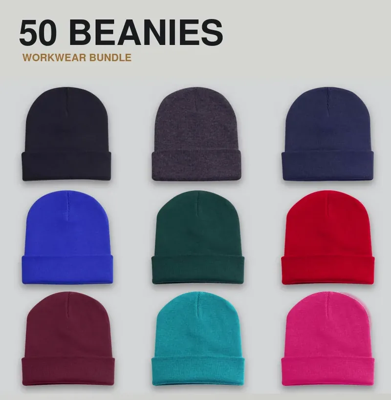 50 branded beanies: the garments in the kit, each with a logo