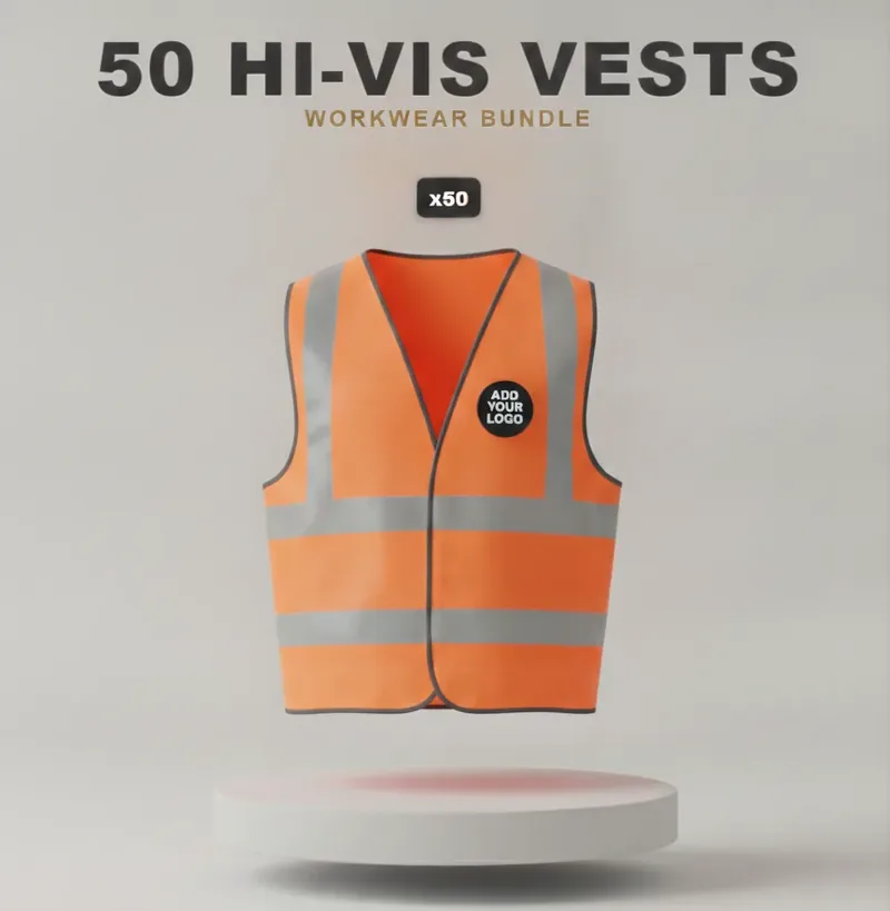 50 branded hi-vis vests: the garments in the kit, each with a logo