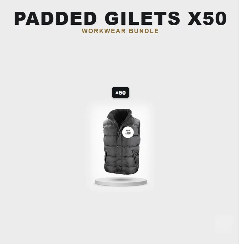 50 branded padded gilets: the garments in the kit, each with a logo
