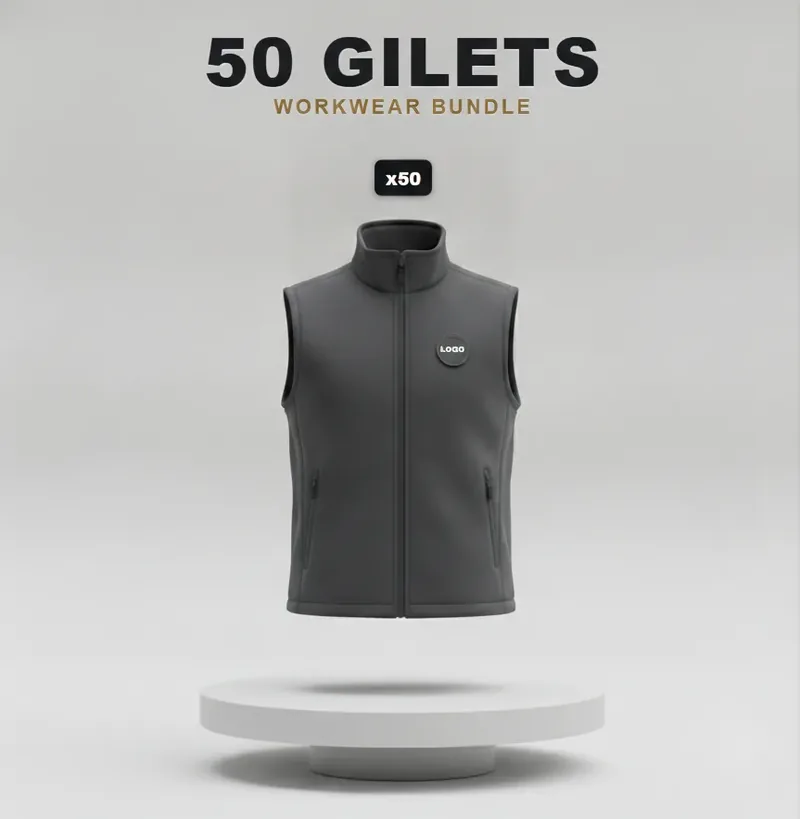 50 branded softshell jackets or gilets: the garments in the kit, each with a logo