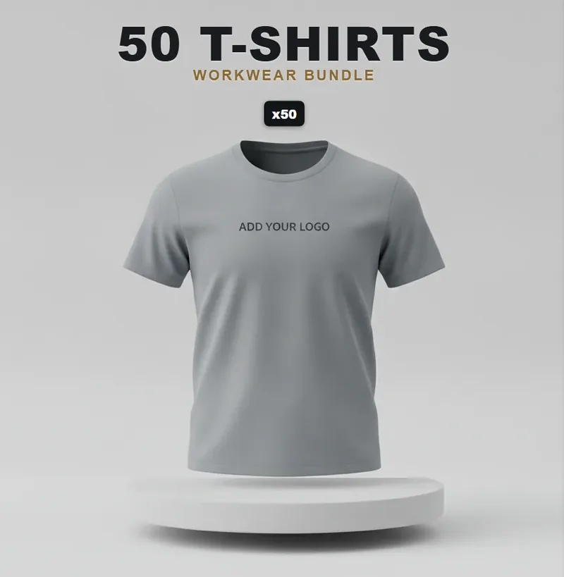 50 branded T-shirts or polos: the garments in the kit, each with a logo