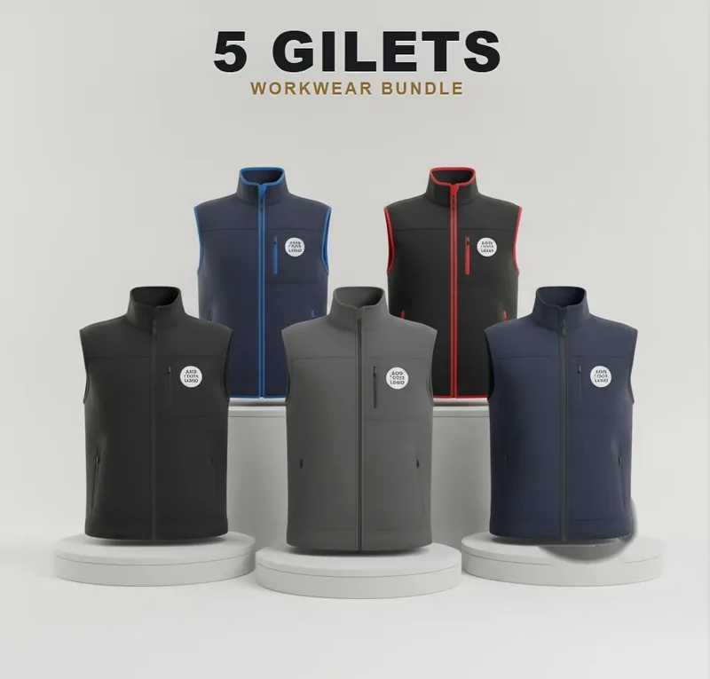 5 branded softshell jackets or gilets: the garments in the kit, each with a logo