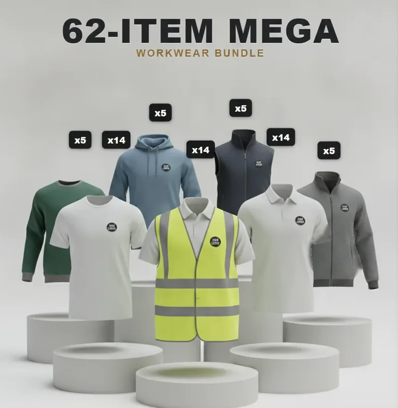 62-piece site pack: the garments in the kit, each with a logo