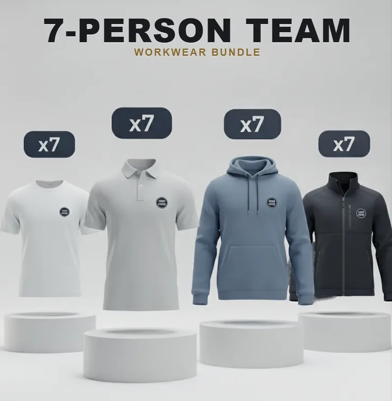 7-person team kit: the garments in the kit, each with a logo
