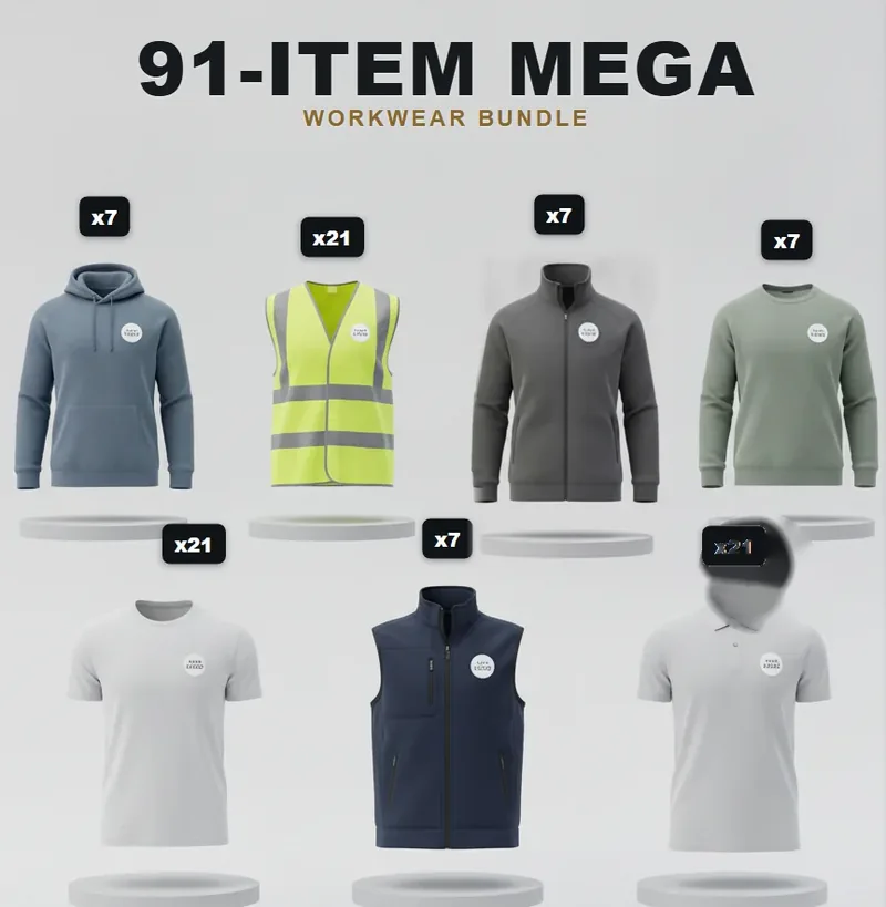 91-piece site pack: the garments in the kit, each with a logo