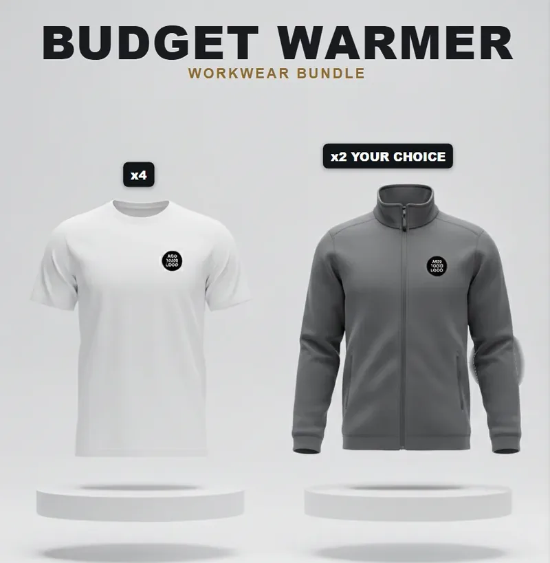 Budget warmer pack: the garments in the kit, each with a logo