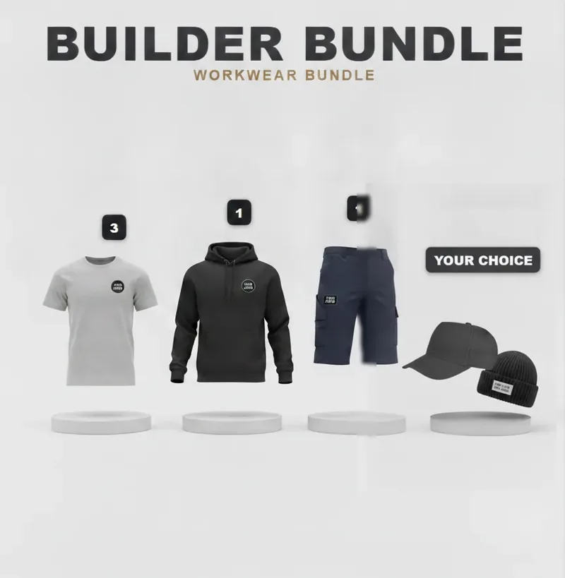 Builder's kit: the garments in the kit, each with a logo