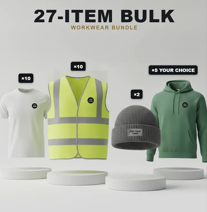 27-piece bulk pack: the garments in the kit, each with a logo