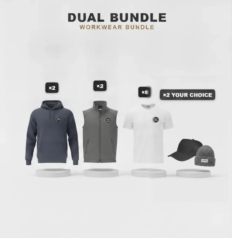 Team of 2 kit: the garments in the kit, each with a logo
