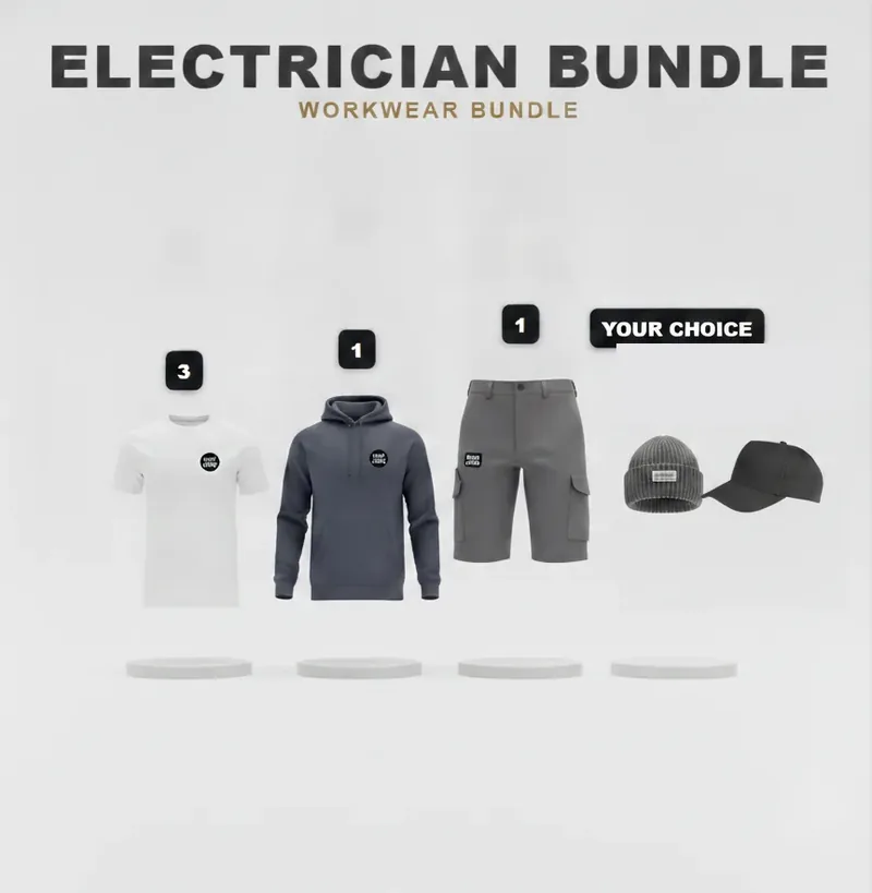 Electrician's kit: the garments in the kit, each with a logo
