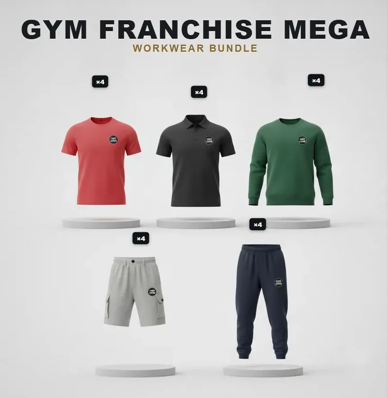 Gym franchise pack: the garments in the kit, each with a logo