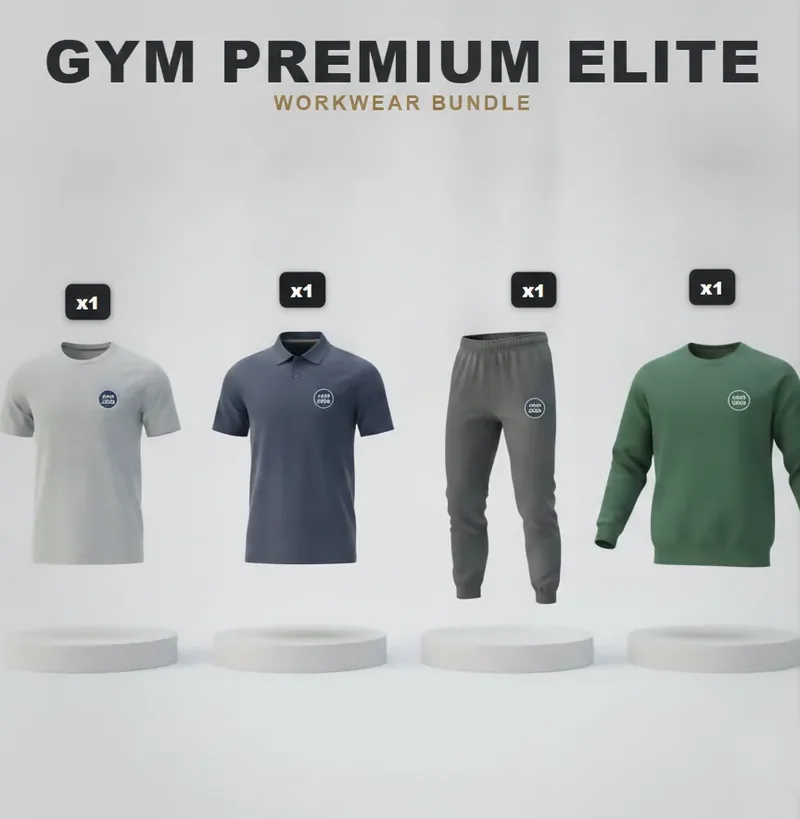 Premium gym set: the garments in the kit, each with a logo