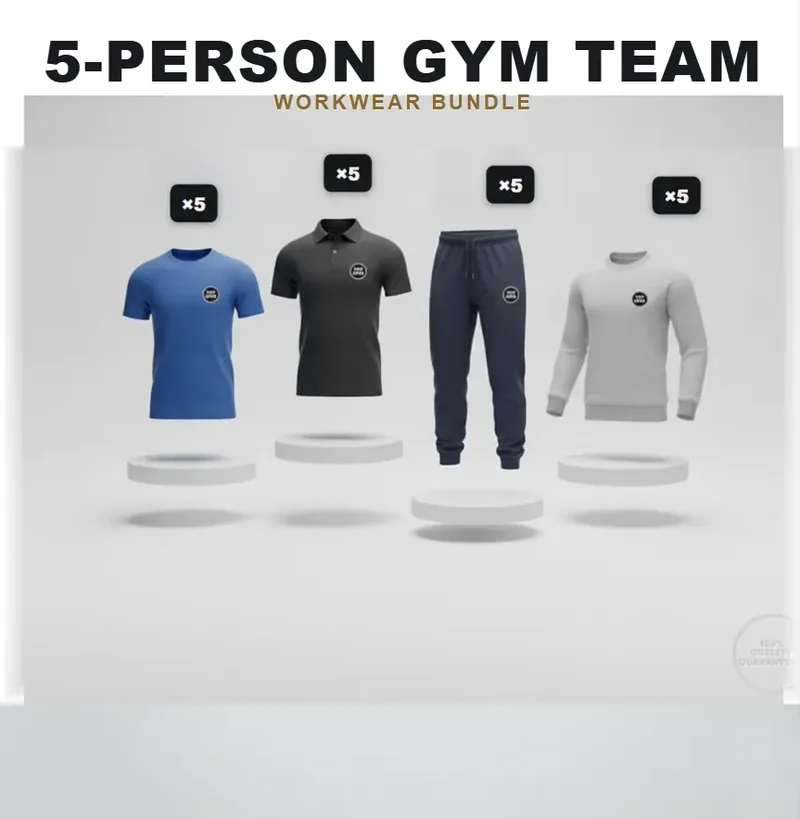 Premium gym team of 5: the garments in the kit, each with a logo