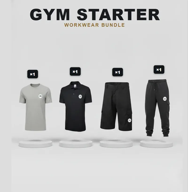 Gym starter pack: the garments in the kit, each with a logo