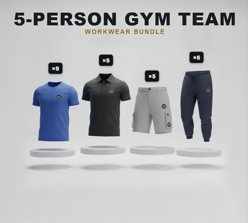 Gym team of 5: the garments in the kit, each with a logo