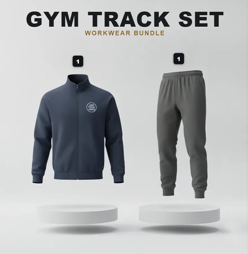 Gym tracksuit set: the garments in the kit, each with a logo