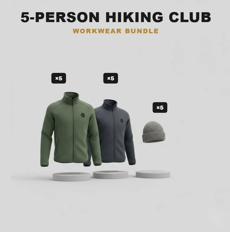 Walking club pack for 5: the garments in the kit, each with a logo